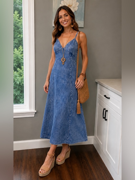 Zenana Outfitters Dresses & Skirts - Zenana Tencel Mineral Washed Maxi Dress In Classic Blue